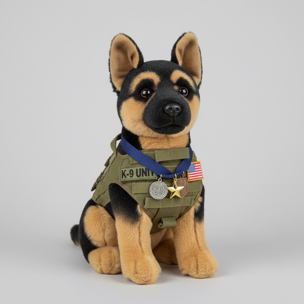 The American K9 Heroes plush tribute figure, wearing a K-9 Unit vest with medals and a flag patch
