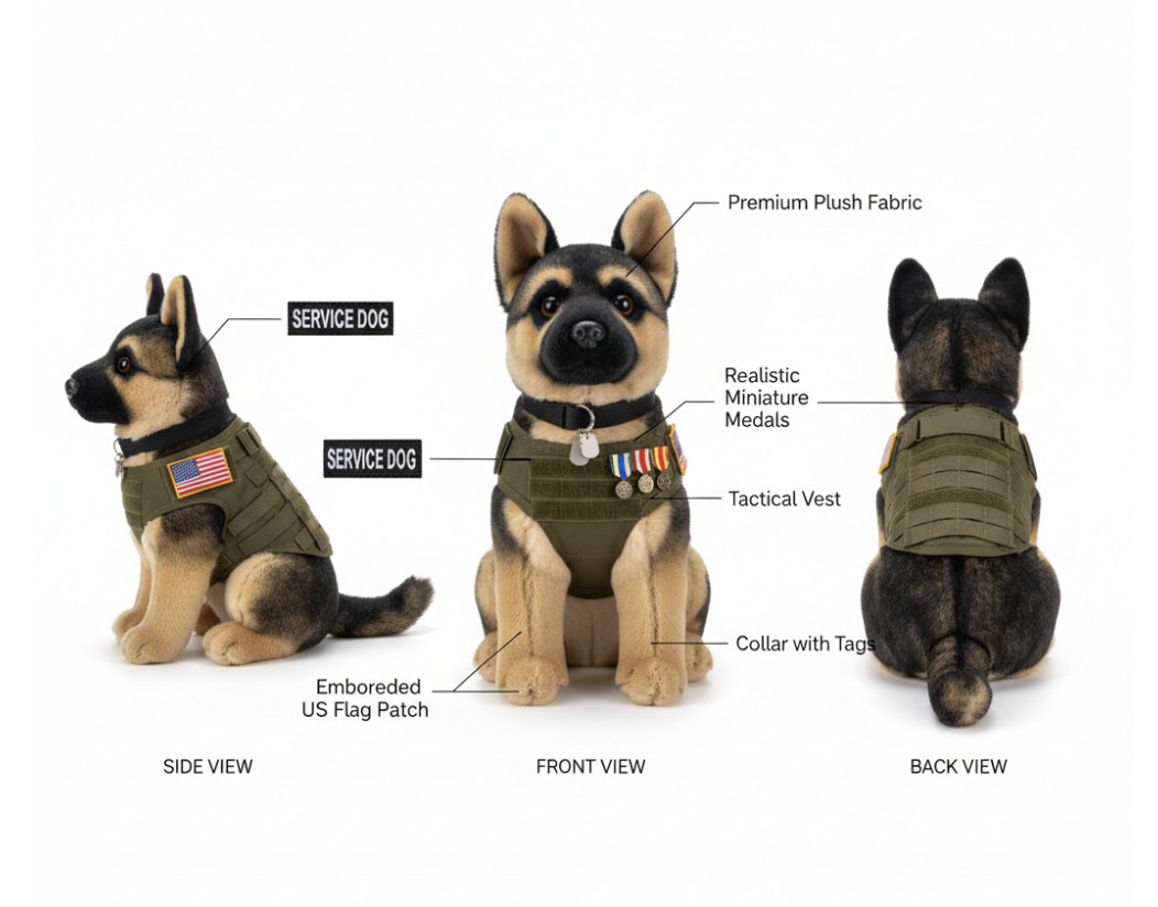 American K9 Heroes plush tribute figure prototype, shown from the side, front, and back with vest, medals, and flag patch details