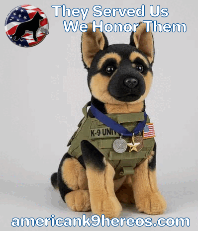 Animated prototype of the American K9 Heroes plush tribute figure, wearing a K-9 Unit vest with medals and a flag patch